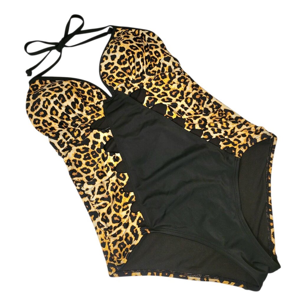 NWT Juniors One Piece Leopard Cheetah Print Bathing Suit w/ Cut Outs Sz Medium